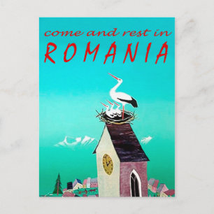 Romania, Stork nest on village watchtower, vintage Postcard