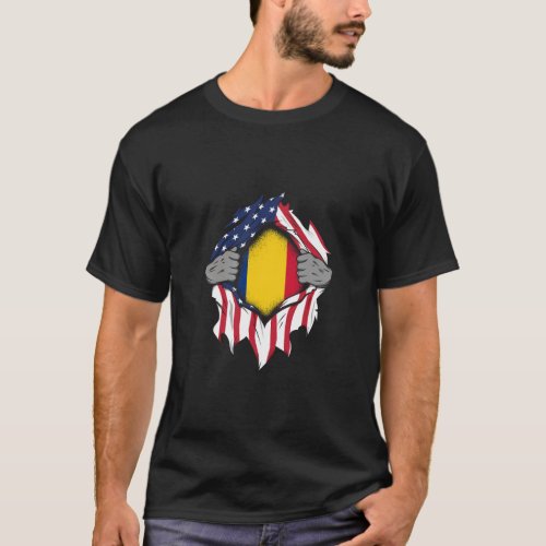 Romanian American Flags Hands Ripping Flag  T_Shirt