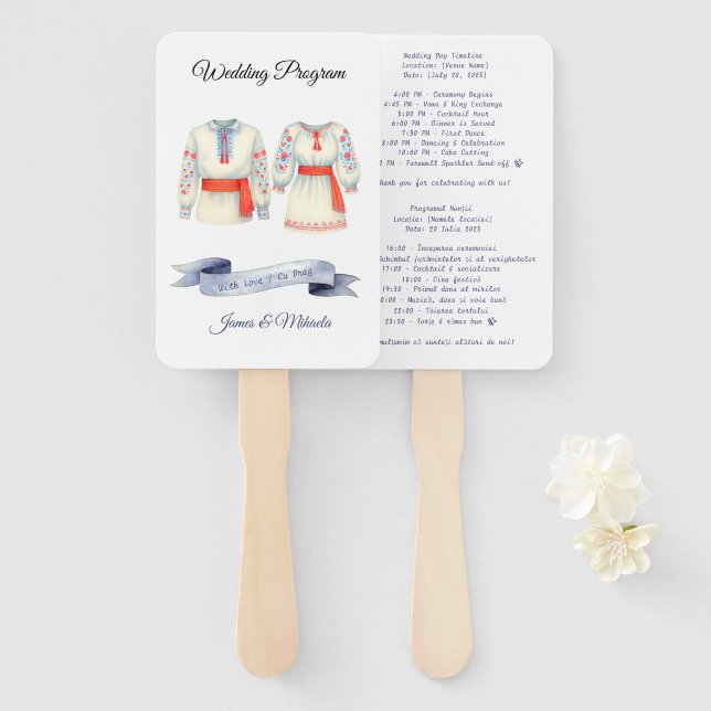 Romanian Bilingual Wedding Program Fan Rustic (Front and Back)