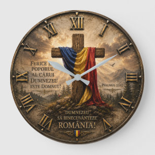  Romanian Christian Cross with Psalm 33:12 Bible  Large Clock