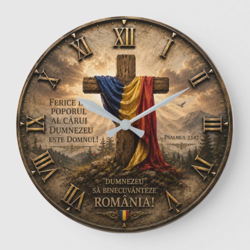 Romanian Christian Cross with Psalm 33:12 Bible  Large Clock