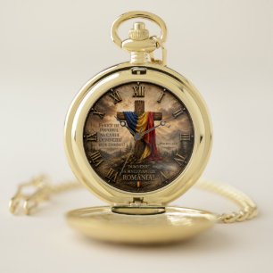 Romanian Christian Cross with Psalm 33:12 Bible Pocket Watch