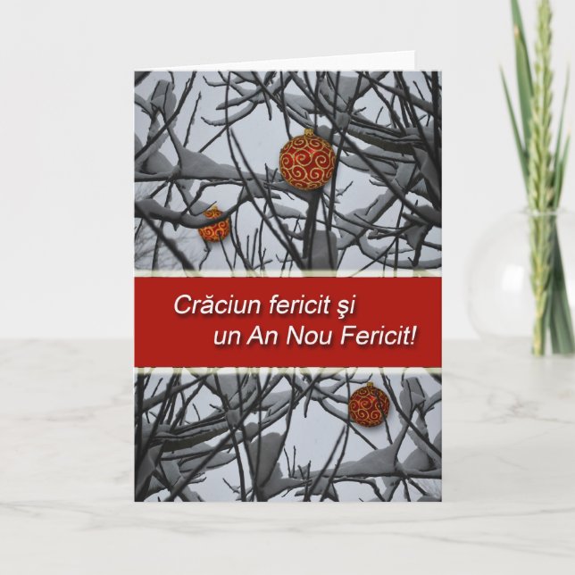 Romanian Christmas, Ornaments in Snow Holiday Card (Front)
