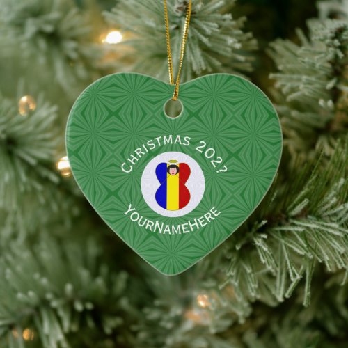 Romanian Flag Christmas Angel Name Year Heart Ceramic Ornament