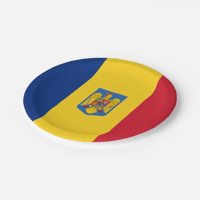 Romanian flag-coat arms paper plates (Angled)