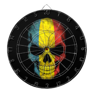 Romanian Flag Skull on Black Dartboard