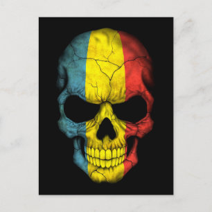 Romanian Flag Skull on Black Postcard