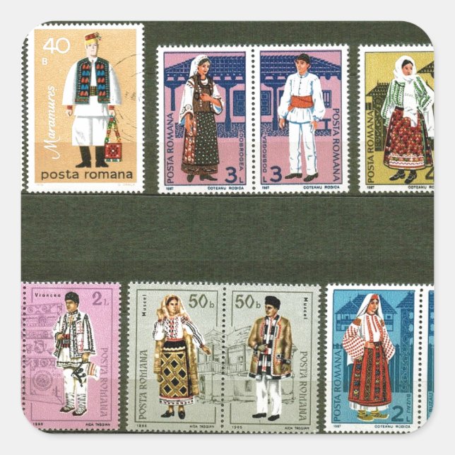 Romanian folk costumes on stamps square sticker (Front)