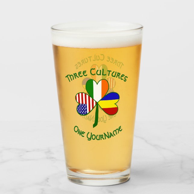 Romanian Irish American Flags Shamrock Personalize Glass (Front Filled)