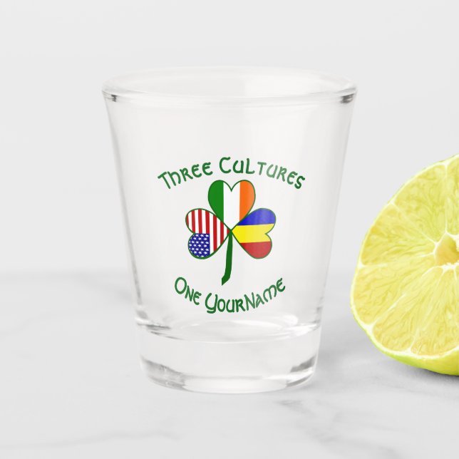 Romanian Irish American Flags Shamrock Personalize Shot Glass (Front)