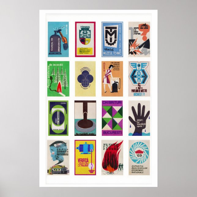 Romanian Matchbox Labels Collage, Vintage Ephemera Poster (Front)