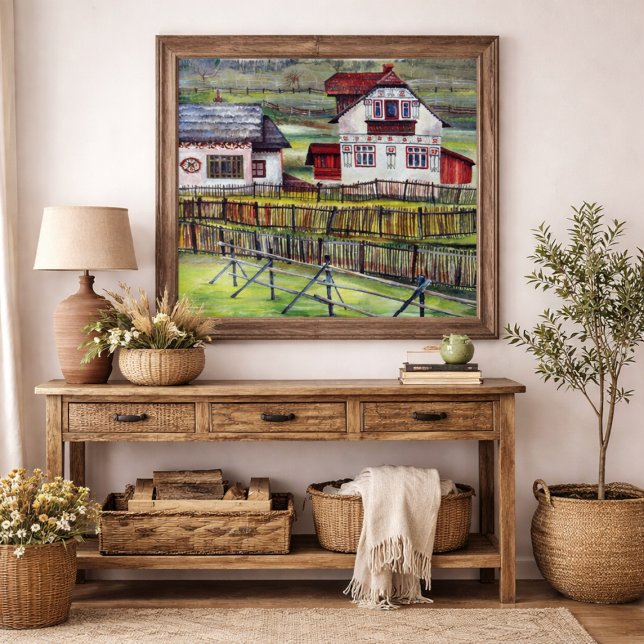 Romanian Traditional Village House Folk Art Scene Tapestry (Creator Uploaded)
