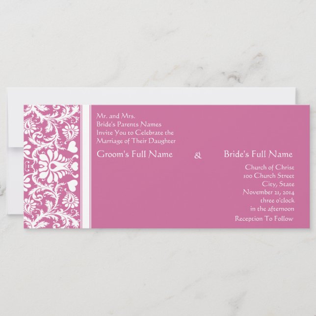 Romanitc Pink Damask Swirls Wedding Invitation (Front)