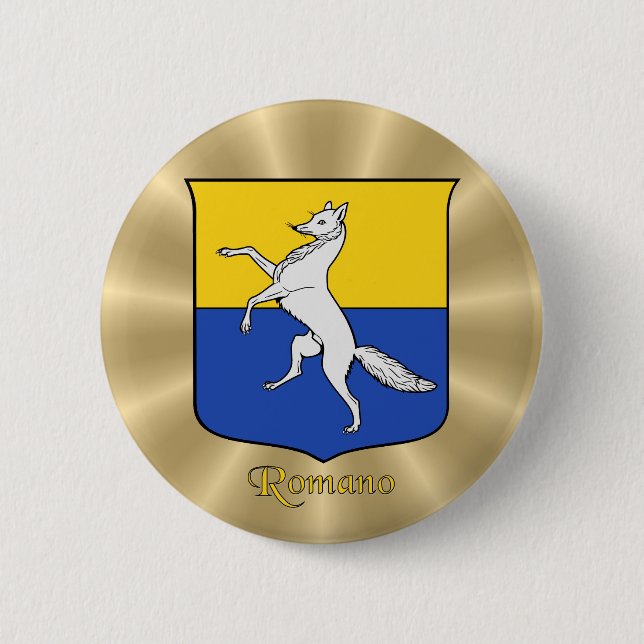 Romano Historical Shield on Golden Sunburst Pinback Button (Front)