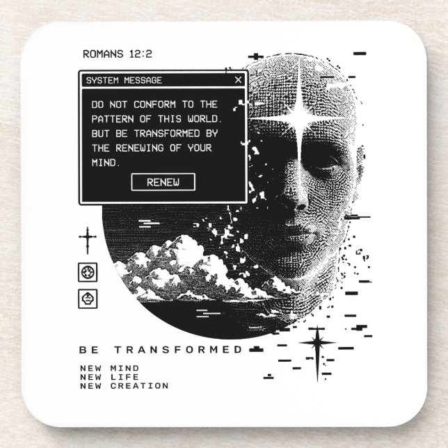 Romans 12:2 Renew Your Mind System Message Alert Beverage Coaster (Front)
