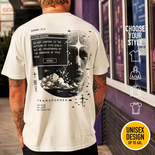 Romans 12:2 Renew Your Mind System Message Alert T-Shirt (Heavyweight Streetwear Christian T-Shirts & available oversize 3XL, 4XL, 5XL, 6XL. Choose your style)