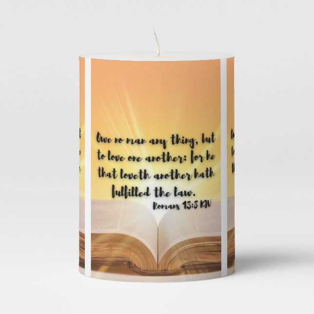 Romans 13:8 KJV Bible Verse Pic Pillar Candle (Front)