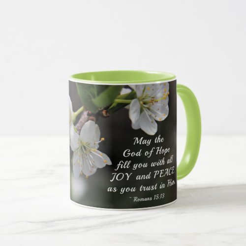 Romans 1513 God of Hope White Flowers Mug