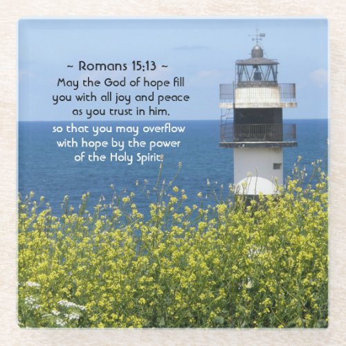 Romans 1513 May the God of Hope Lighthouse Glass Coaster