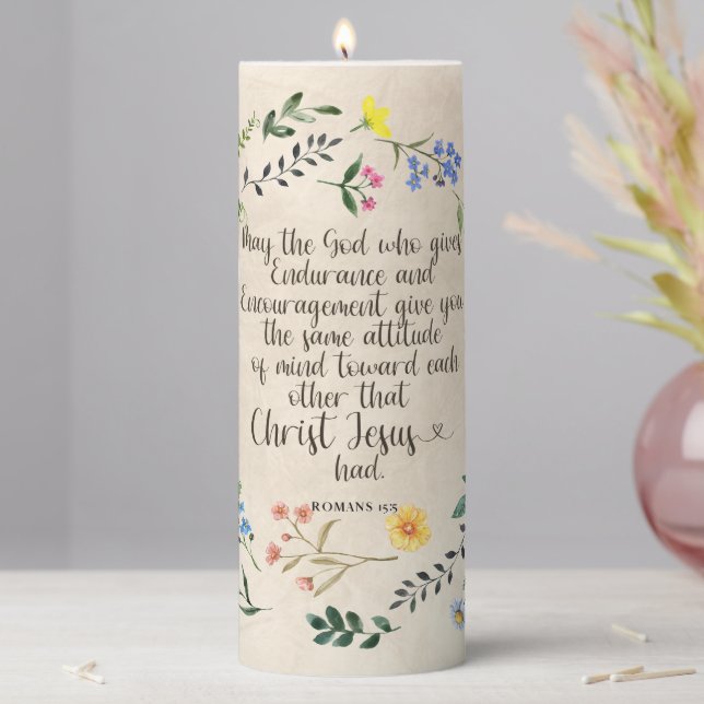 Romans 15:5 Bible Verse Image Pillar Candle (In Situ)
