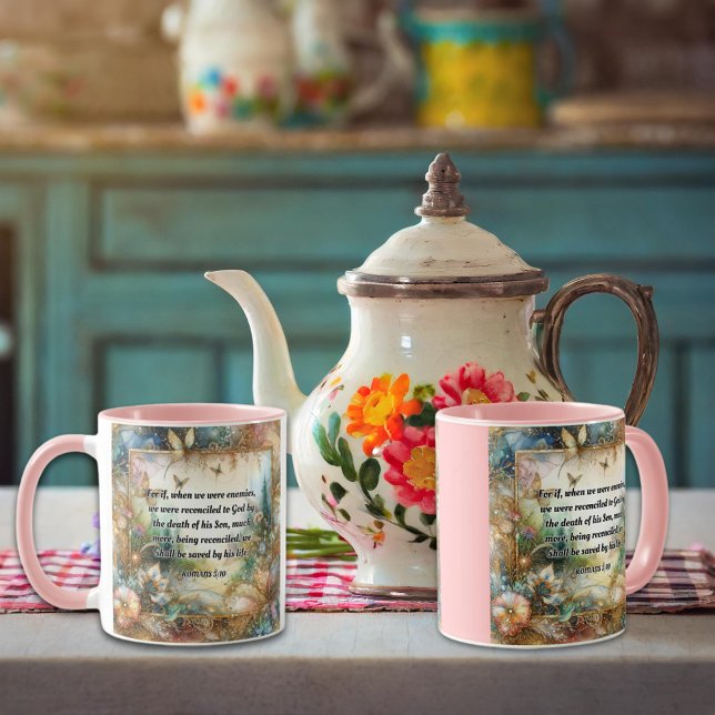 Romans 5:10 Scripture Elegant Pink Gold Floral  Mug (Creator Uploaded)