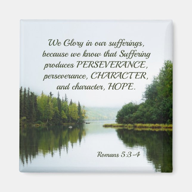 Romans 5:3-4 We Glory in our Sufferings Lake Trees Magnet (Front)