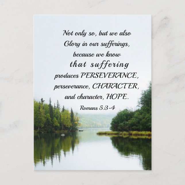 Romans 5:3-4 We Glory in our Sufferings Lake Trees Postcard (Front)
