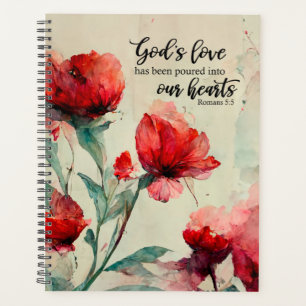 Romans 5:5 God's Love Bible Verse Red Pink Flower Planner