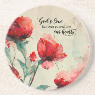 Romans 5:5 God's Love Bible Verse Red Pink Flowers Coaster