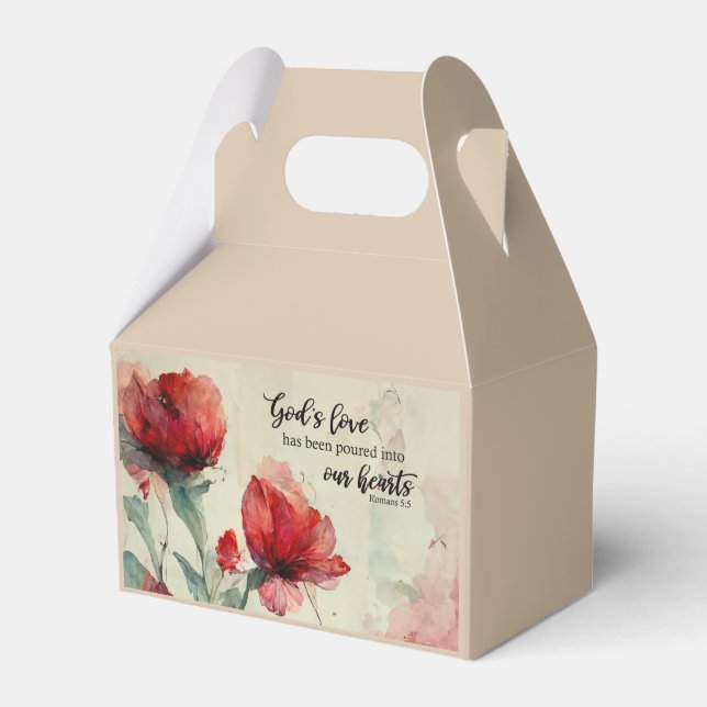 Romans 5:5 God's Love Bible Verse Red Pink Flowers Favor Boxes (Front Side)