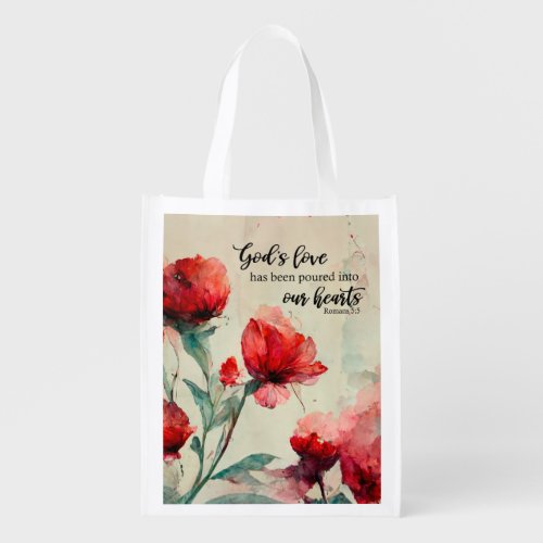 Romans 55 Gods Love Bible Verse Red Pink Flowers Grocery Bag