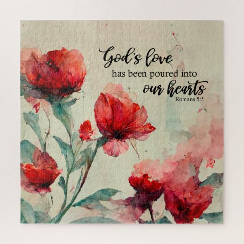 Romans 55 Gods Love Bible Verse Red Pink Flowers Jigsaw Puzzle