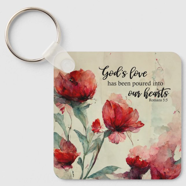Romans 5:5 God's Love Bible Verse Red Pink Flowers Keychain (Front)