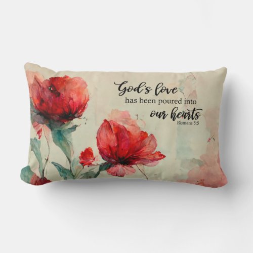 Romans 55 Gods Love Bible Verse Red Pink Flowers Lumbar Pillow