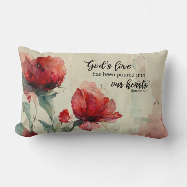Romans 5:5 God's Love Bible Verse Red Pink Flowers Lumbar Pillow (Front)