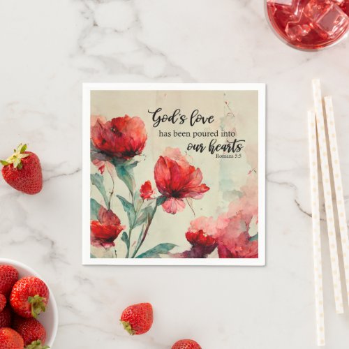 Romans 55 Gods Love Bible Verse Red Pink Flowers Napkins