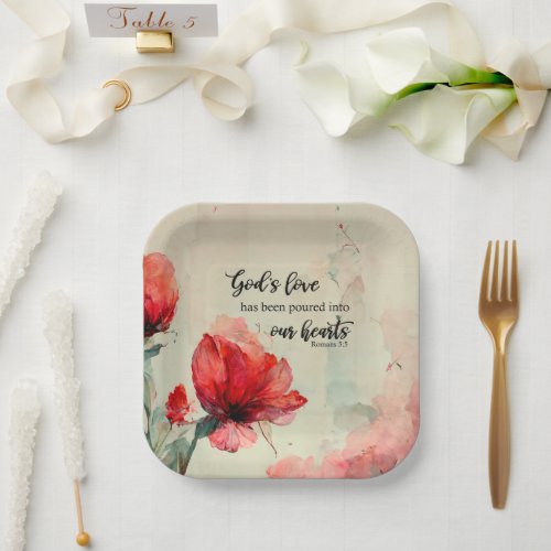 Romans 55 Gods Love Bible Verse Red Pink Flowers Paper Plates