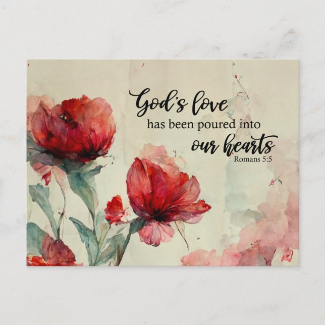 Romans 5:5 God's Love Bible Verse Red Pink Flowers Postcard (Front)