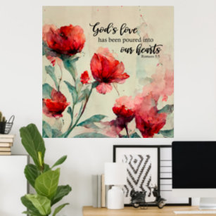 Romans 5:5 God's Love Bible Verse Red Pink Flowers Poster