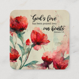 Romans 5:5 God's Love Bible Verse Red Pink Flowers Square Business Card