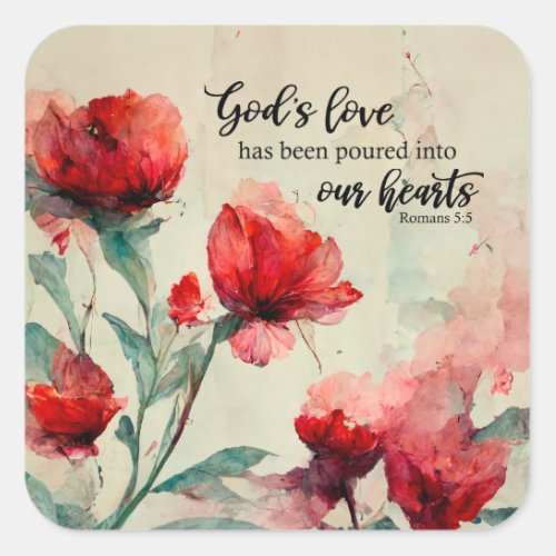 Romans 55 Gods Love Bible Verse Red Pink Flowers Square Sticker