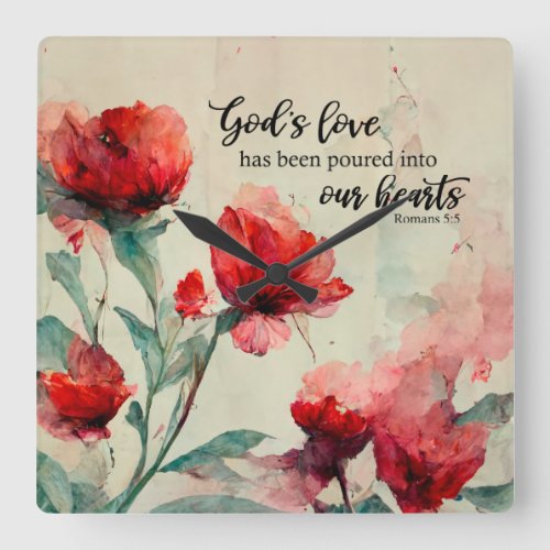 Romans 55 Gods Love Bible Verse Red Pink Flowers Square Wall Clock