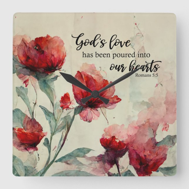 Romans 5:5 God's Love Bible Verse Red Pink Flowers Square Wall Clock (Front)