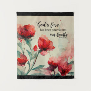 Romans 5:5 God's Love Bible Verse Red Pink Flowers Tapestry