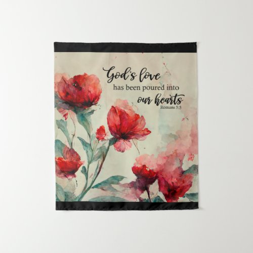 Romans 55 Gods Love Bible Verse Red Pink Flowers Tapestry