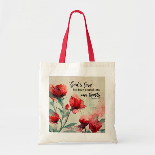 Romans 55 Gods Love Bible Verse Red Pink Flowers Tote Bag
