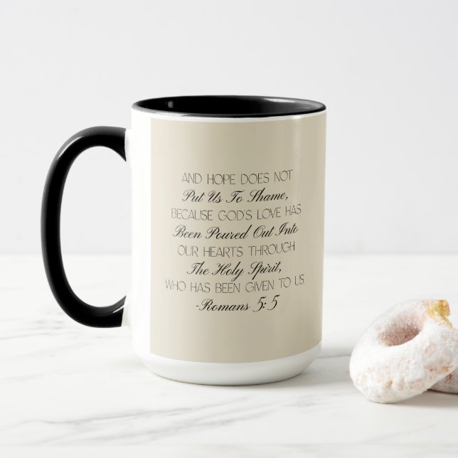 Romans 5:5 Hope Bible Verse Mug  (With Donut)