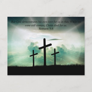 Romans 5:8 Bible Verse 3 Crosses Bright Sky Easter Postcard