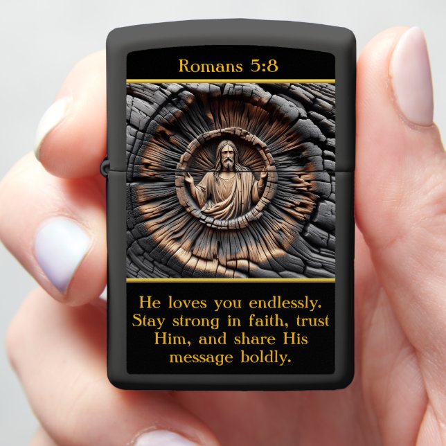 Romans 5:8 Burnt Wood Art: Embrace Spirit Zippo Lighter (In Hand)