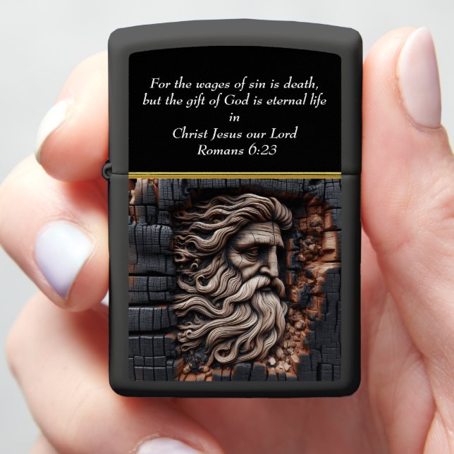 Romans 6:23 Burnt Wood Face Artwork Zippo Lighter (In Hand)